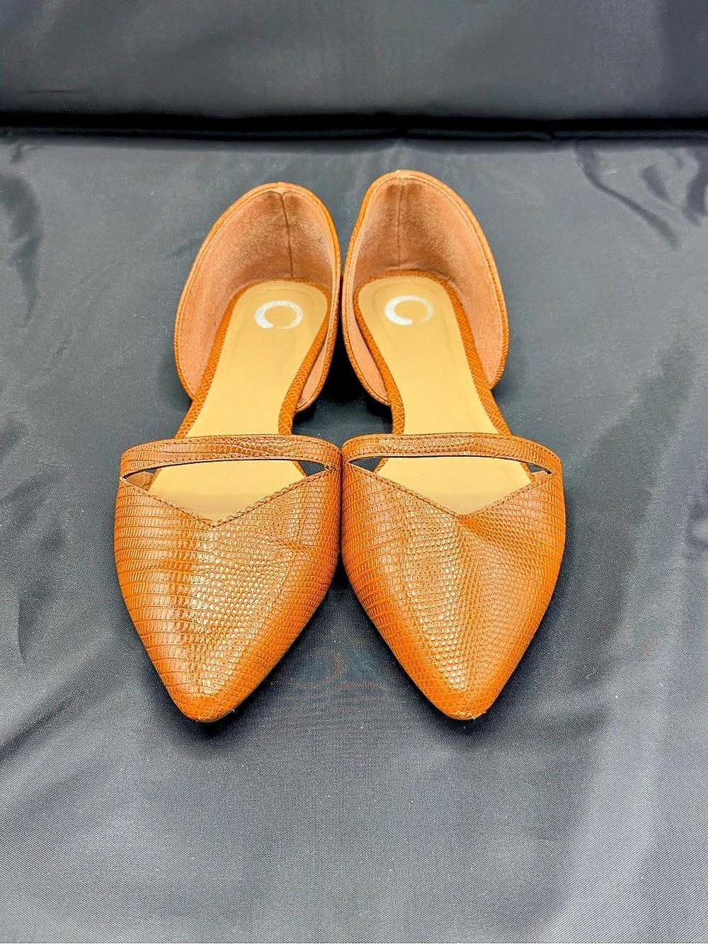 Women’s Cognac Reptile Embossed Pointed Toe D’Orsay Flats Cutout US 9.5